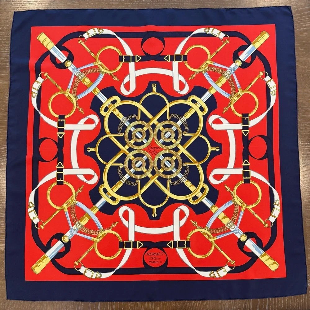 Authentic Hermes Red and Gold Silk Scarf